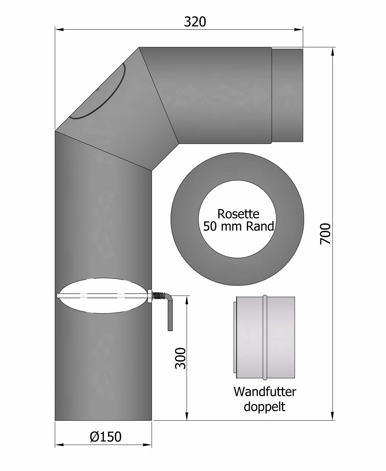 Rauchrohr Set Stahl 2x 45° 700 X 300 Mm Ø 150 Mm Hellgrau, Kurz 2 Rauchrohr Set Stahl 2x 45° 700 X 300 Mm Ø 150 Mm Hellgrau, Kurz – Bild 2